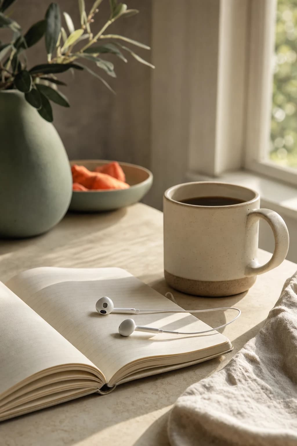 A warm morning table with coffee, a notebook, and earbuds