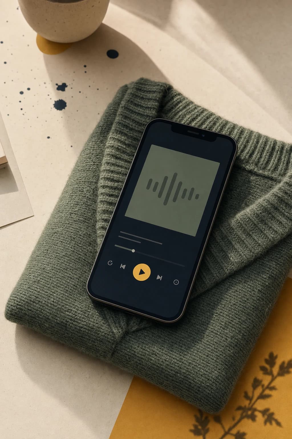 A phone with a simple audio player resting on a sage sweater